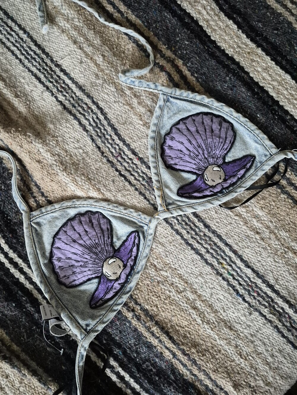 NWT Denim Bikini Top with Purple Shell Appliqué